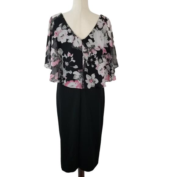Connected Apparel Black White Pink Floral Overlay Dress Stretchy Excellent 10 - Picture 3 of 5